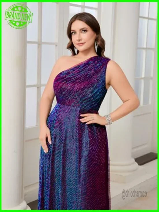 Plus Size Formal One Shoulder Maxi Dress Sparkly Sleeveless A-Line Prom Gown - Picture 5 of 7